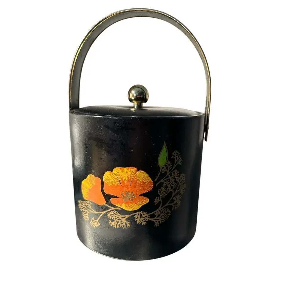 Vintage 1960’s Couroc California Poppy Black And Gold Ice Bucket Barware